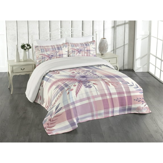 Ambesonne Pastel Plaid Quilted Coverlet 3 Pcs, Romantic Soft Floral, King Size, Lilac and Pale Pink