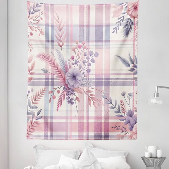 Ambesonne Pastel Plaid Tapestry Twin Size, Romantic Soft Floral, 68"x88", Lilac and Pale Pink
