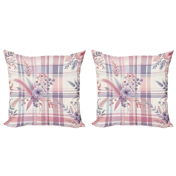Ambesonne Pastel Plaid Throw Pillow Cover 2 Pack, Romantic Soft Floral, 18", Lilac and Pale Pink