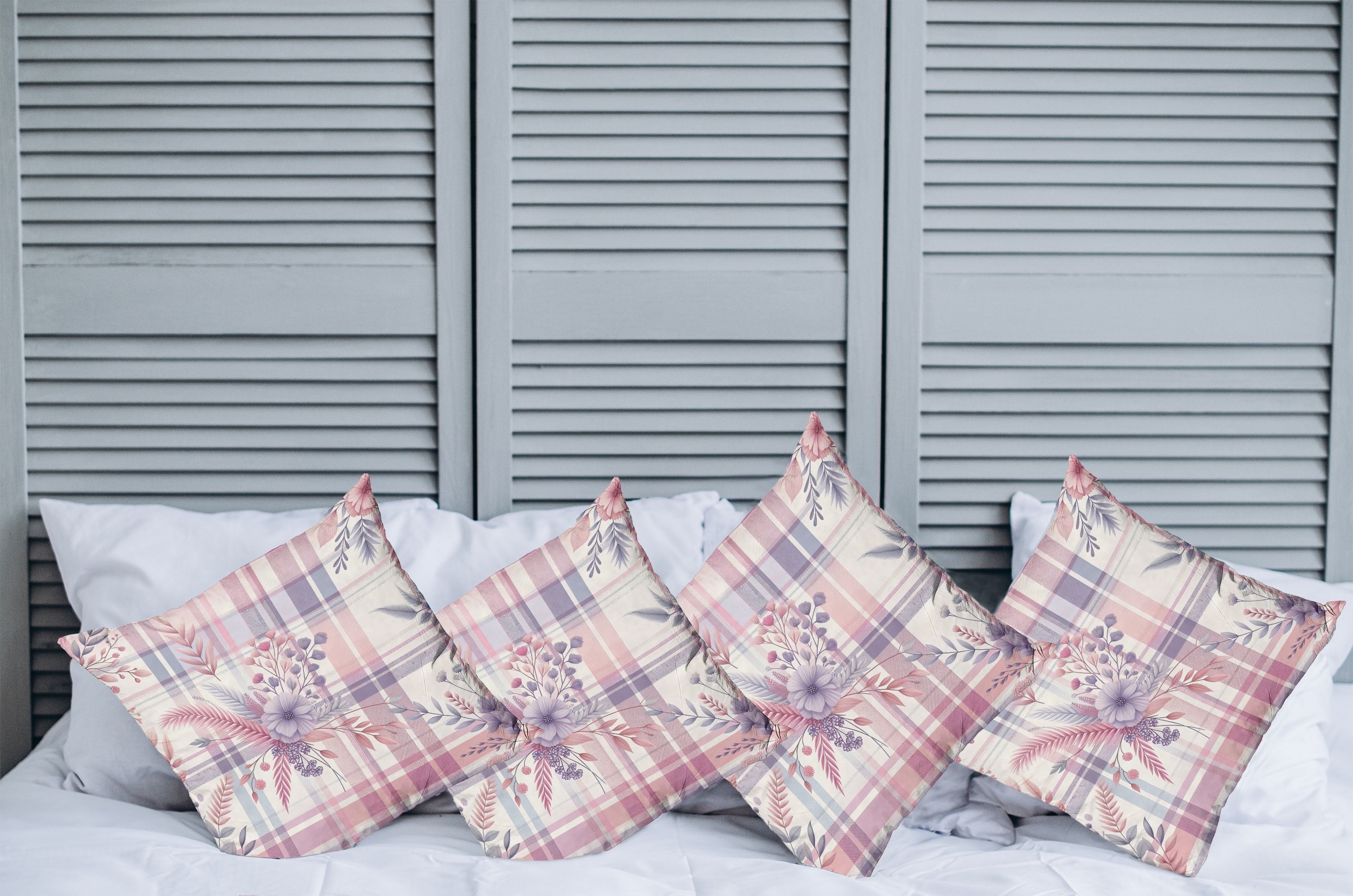 Lilac and Pale Pink Floral Plaid Polyester Square Pillow Covers, 18" x 18", Set of 4