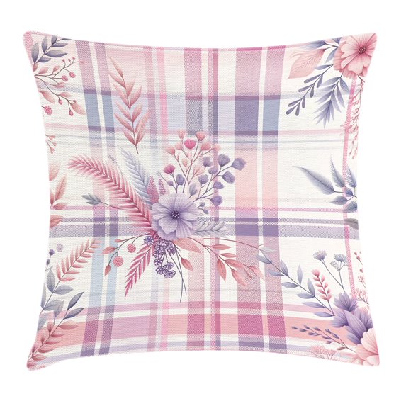 Ambesonne Pastel Plaid Throw Pillow Cushion Cover, Romantic Soft Floral, 20" X 20", Lilac and Pale Pink