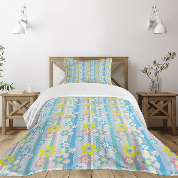 Ambesonne Pastel Quilted Bedspread Set 2 Pcs, Abstract Spring Daisies, Twin Size, Multicolor
