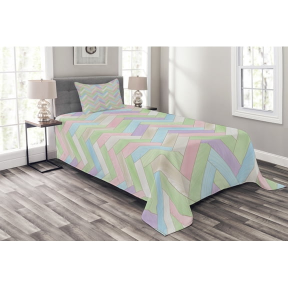 Ambesonne Pastel Quilted Bedspread Set 2 Pcs, Parquet Herringbone Soft, Twin Size, Multicolor