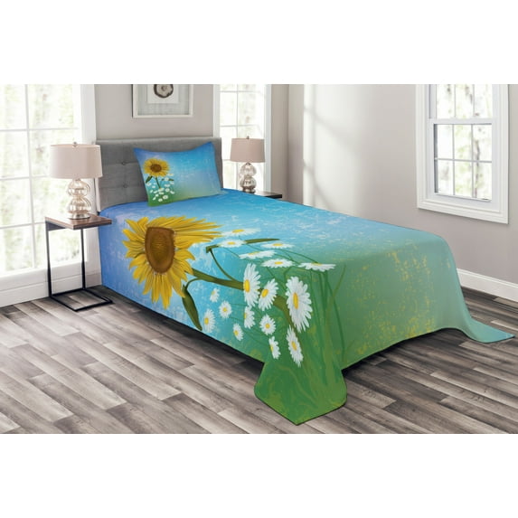 Ambesonne Pastel Quilted Bedspread Set 2 Pcs, Sunflowers Chamomiles, Twin Size, Blue Yellow Green