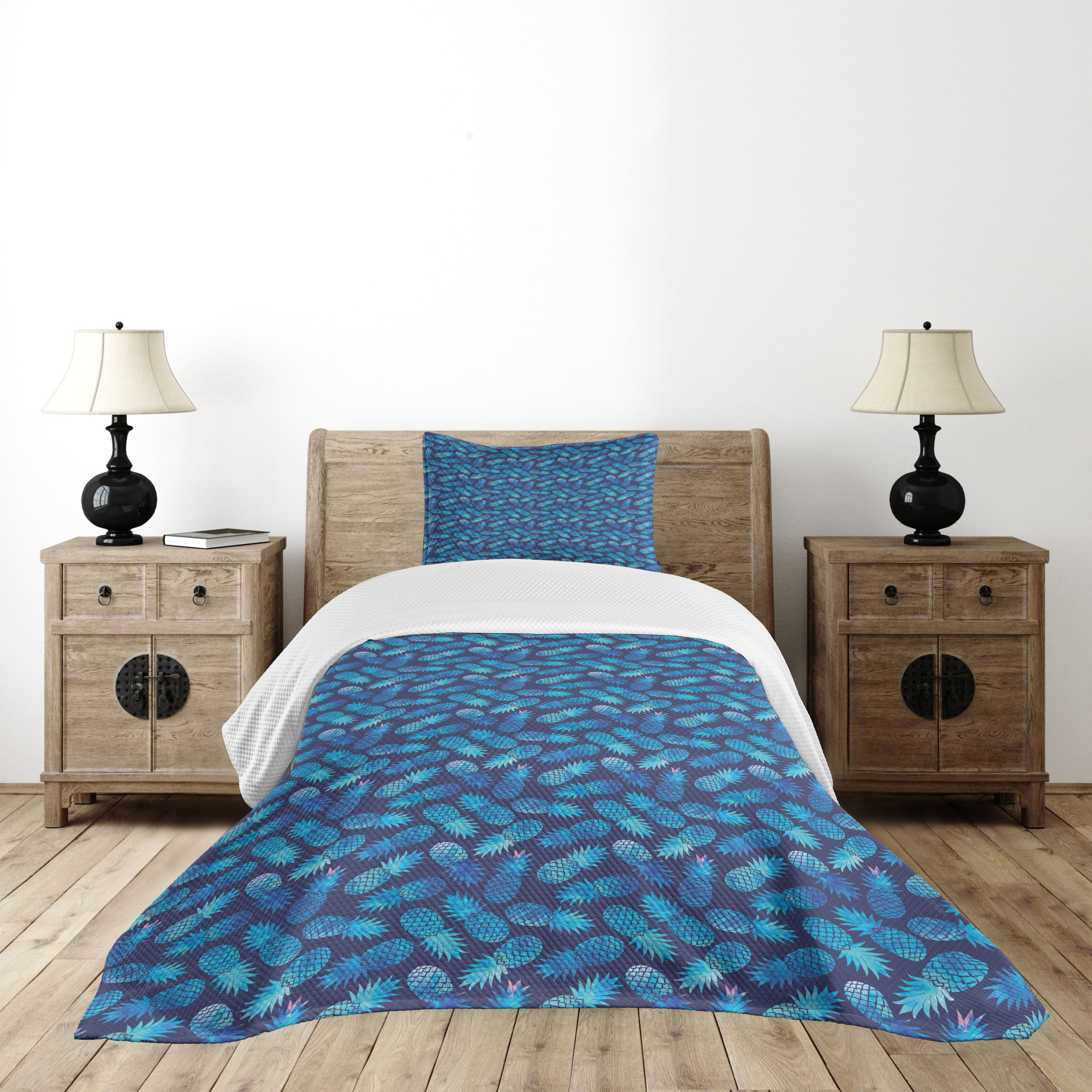 Blue Quilted Twin Bedspread Set with Pillow Sham