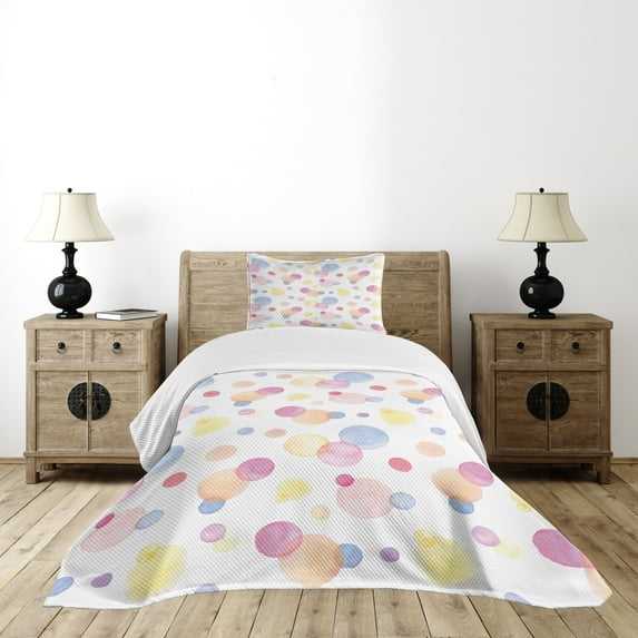 Ambesonne Pastel Quilted Bedspread Set 2 Pcs, Watercolor Drops, Twin Size, Multicolor