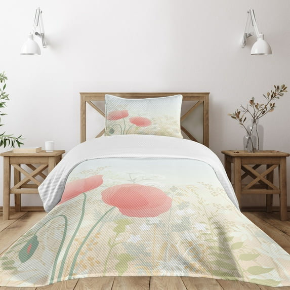 Ambesonne Pastel Quilted Bedspread Set 2 Pcs, Wild Poppy Blooms Rural, Twin Size, Multicolor