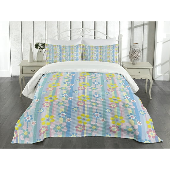 Ambesonne Pastel Quilted Bedspread Set 3 Pcs, Abstract Spring Daisies, King Size, Multicolor