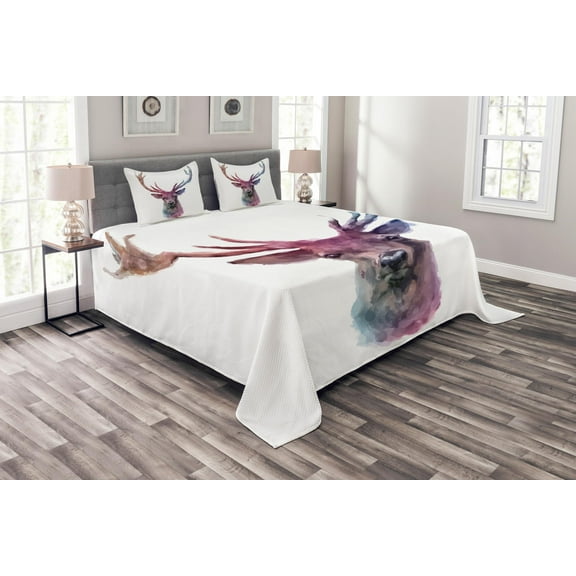 Ambesonne Pastel Quilted Bedspread Set 3 Pcs, Antlers Wild Nature, Queen Size, Pink Lilac