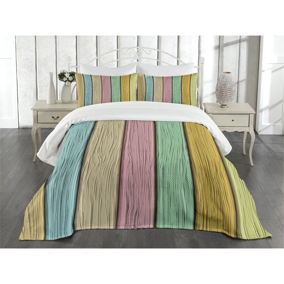 Ambesonne Pastel Quilted Bedspread Set 3 Pcs, Colorful Wooden Planks, King Size, Multicolor