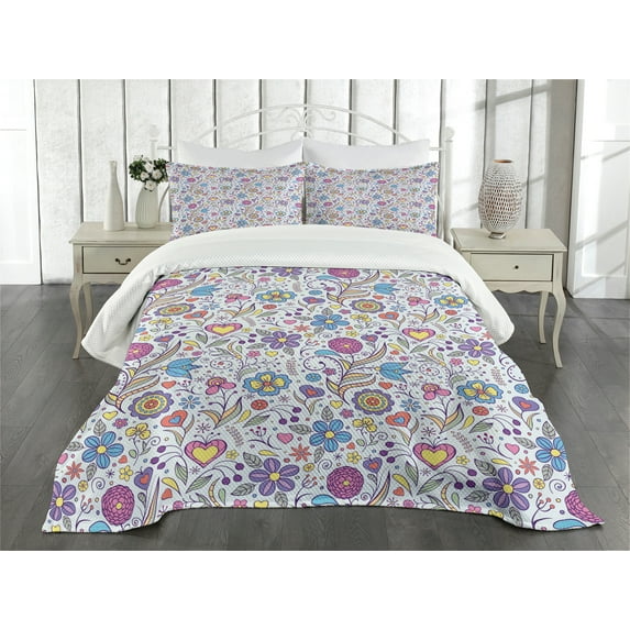 Ambesonne Pastel Quilted Bedspread Set 3 Pcs, Doodle Botany Garden, Queen Size, Multicolor