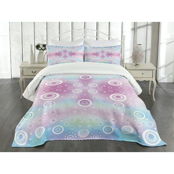 Ambesonne Pastel Quilted Bedspread Set 3 Pcs, Fantasy Random Circles, Queen Size, Pale Pink Aqua White