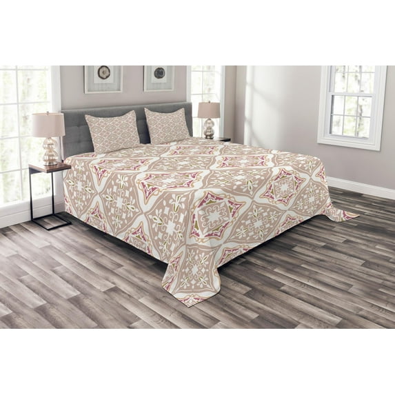 Ambesonne Pastel Quilted Bedspread Set 3 Pcs, Geometrical, King Size, Beige Pink White