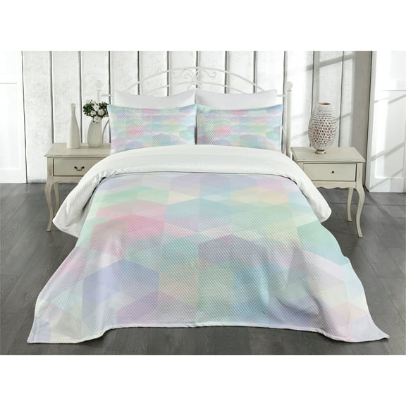 Ambesonne Pastel Quilted Bedspread Set 3 Pcs, Hexagonal Soft, King Size, Multicolor