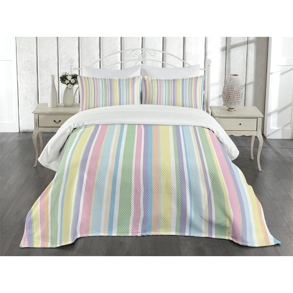 Ambesonne Pastel Quilted Bedspread Set 3 Pcs, Striped Classic Pattern, Queen Size, Multicolor