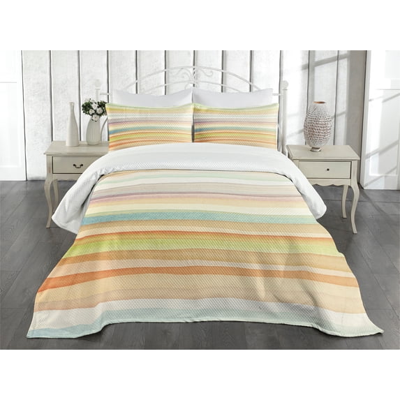 Ambesonne Pastel Quilted Bedspread Set 3 Pcs, Stripes Watercolor Art, King Size, Multicolor