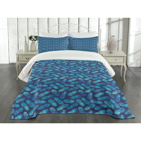 Ambesonne Pastel Quilted Bedspread Set 3 Pcs, Tropical Pineapple Blue, Queen Size, Dark Blue Pale Blue