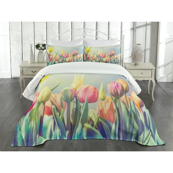 Ambesonne Pastel Quilted Bedspread Set 3 Pcs, Tulips Flower Bed Park, King Size, Multicolor