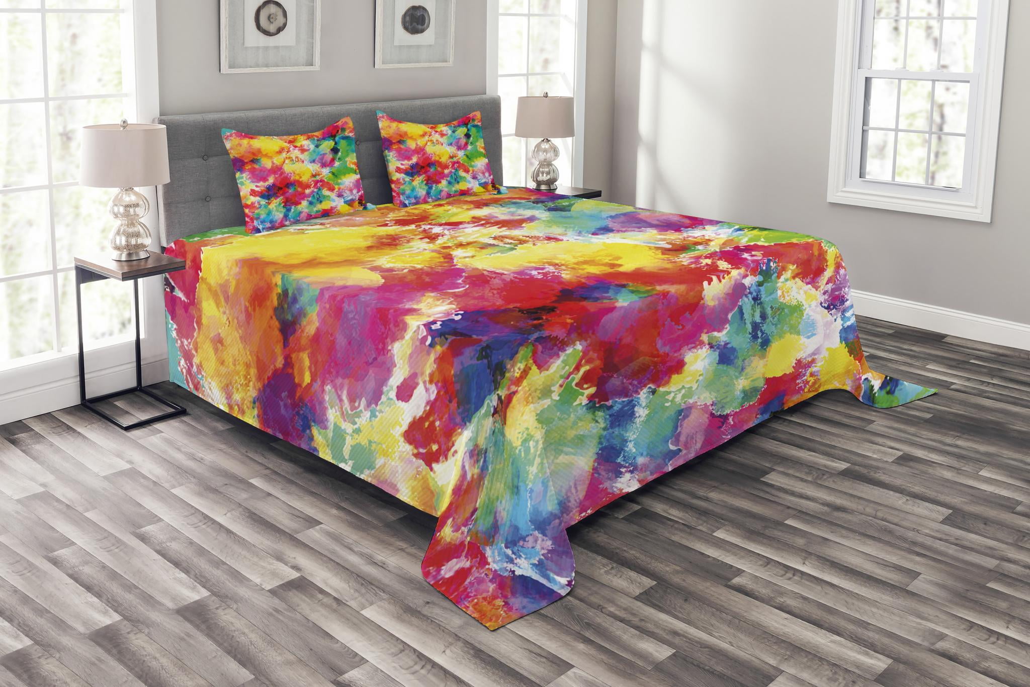 Vivid Multicolor Watercolor King Bedspread Set with Shams
