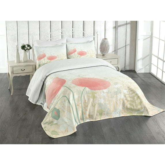 Ambesonne Pastel Quilted Bedspread Set 3 Pcs, Wild Poppy Blooms Rural, Queen Size, Multicolor