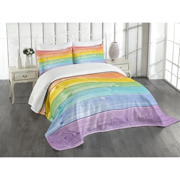 Ambesonne Pastel Quilted Bedspread Set 3 Pcs, Wooden Planks Rustic, King Size, Multicolor