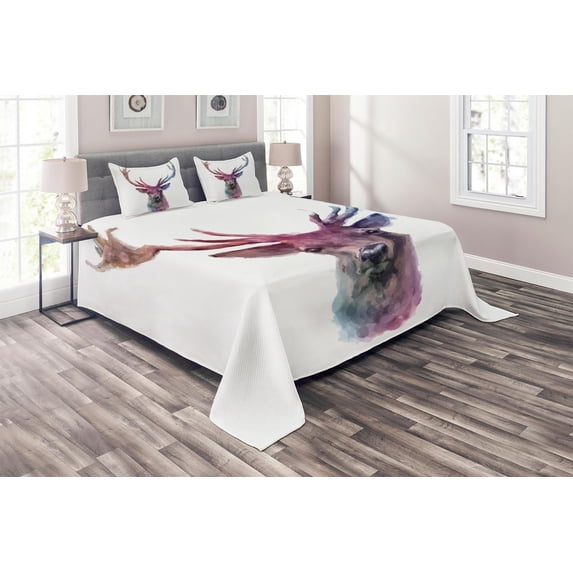 Ambesonne Pastel Quilted Coverlet 3 Pcs, Antlers Wild Nature, Queen Size, Pink Lilac
