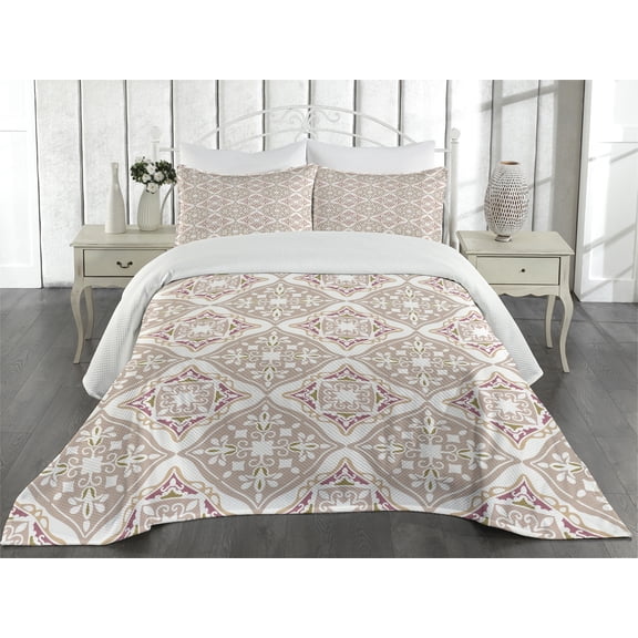 Ambesonne Pastel Quilted Coverlet 3 Pcs, Geometrical, King Size, Beige Pink White