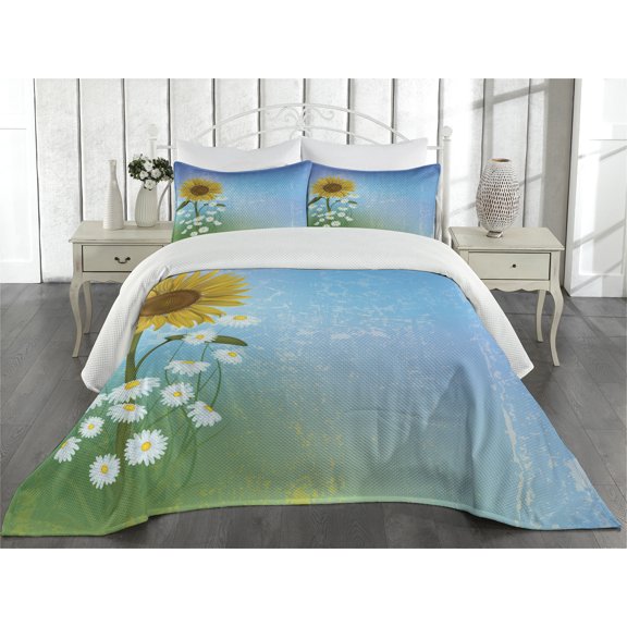 Ambesonne Pastel Quilted Coverlet 3 Pcs, Sunflowers Chamomiles, King Size, Blue Yellow Green