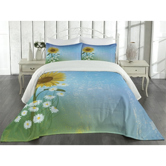 Ambesonne Pastel Quilted Coverlet 3 Pcs, Sunflowers Chamomiles, Queen Size, Blue Yellow Green