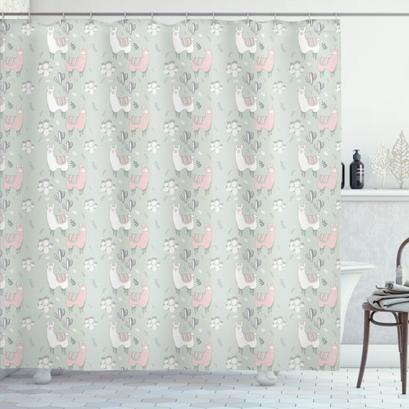 Ambesonne Pastel Shower Curtain, Llama in Cartoon Style, 69"Wx70"L, Pale Sage Green Blush