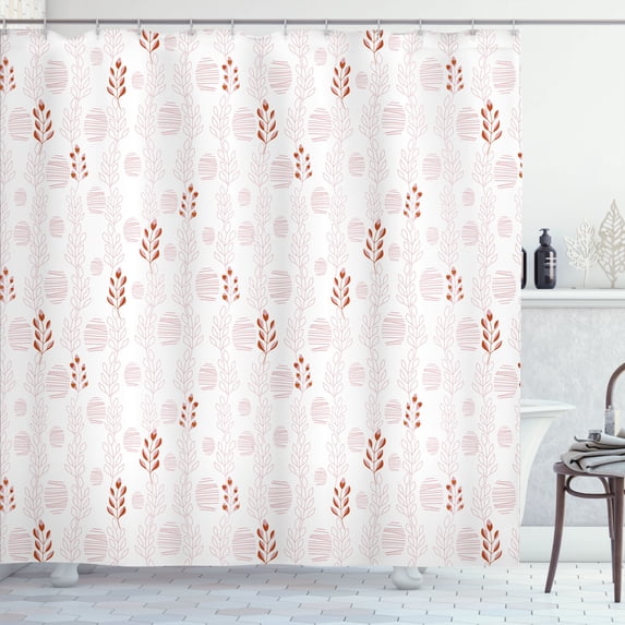 Ambesonne Pastel Shower Curtain, Soft Hatches and Leaves Art, 69"Wx70"L, Blush Rust and White