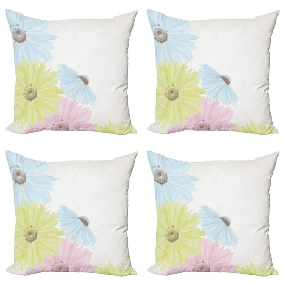 Ambesonne Pastel Throw Pillow Cover 4 Pack, Colorful Gerbera Daisies, 16", Pale Green and Pale Blue