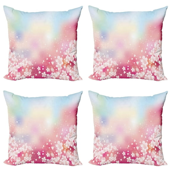 Ambesonne Pastel Throw Pillow Cover 4 Pack, Dreamy Cherry Blossoms, 16", Pale Pink Pale Blue
