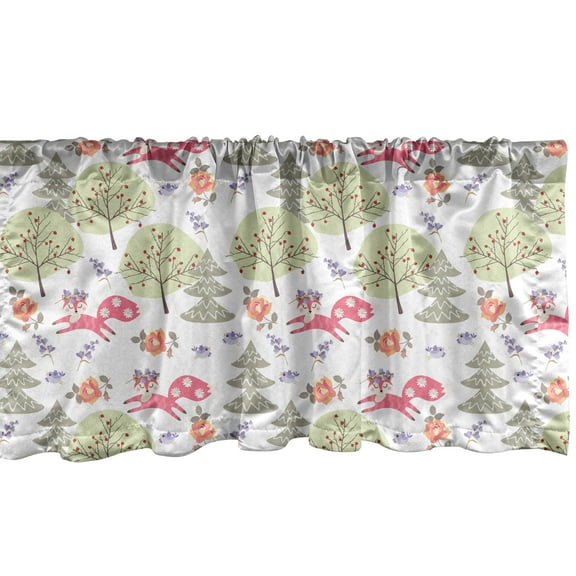 Ambesonne Pastel Valance Pack of 2, Soft Foxes Trees and Roses, 54"X12", Multicolor