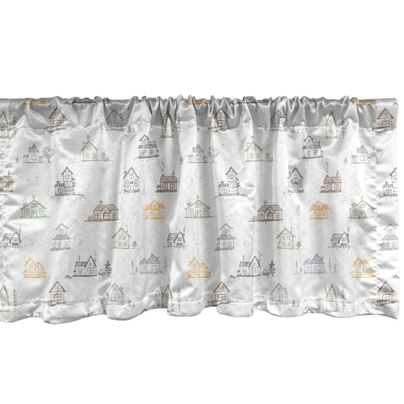 Ambesonne Pastel Window Valance, Pattern with Doodle Style Colorful Houses with Trees Sketch Style Art Print, Curtain Valance for Kitchen Bedroom Decor with Rod Pocket, 54" X 18", Multicolor
