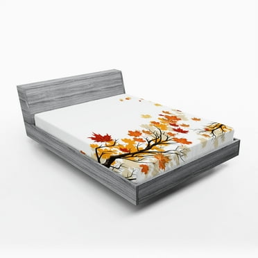 Ambesonne Pastoral Fitted Sheet 2 Pcs Set, Autumn Tree Branches, California King, Marigold Dark Orange