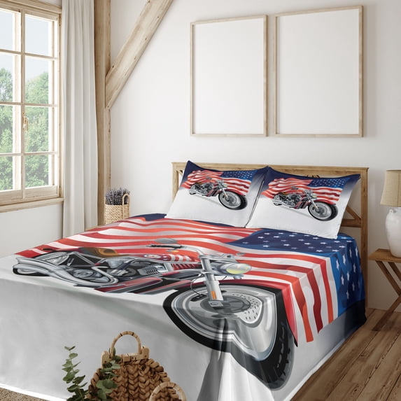 Ambesonne Patriot Fitted & Top Sheet Set with Shams, Motorbike and US Flag Art, Multicolor