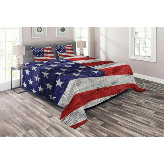Ambesonne Patriotic Quilted Coverlet 3 Pcs, America Patriotic Day, King Size, Navy Blue Red White