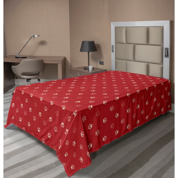 Ambesonne Paw Print Flat Sheet, Ornamental Animal Steps, TwinXL Size, Vermilion and Ivory