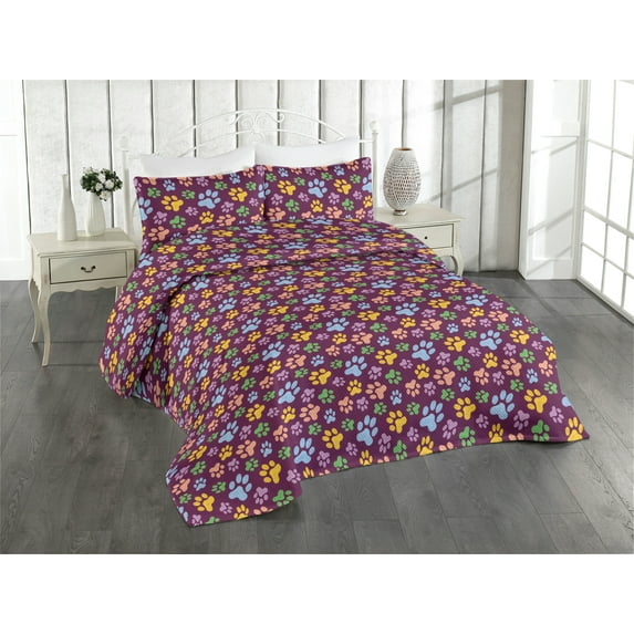 Ambesonne Paw Print Quilted Bedspread Set 3 Pcs, Cartoon Puppy Kitten Art, King, Purple and Multicolor