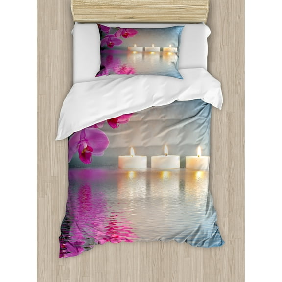 Ambesonne Peace Duvet Cover Sets, Japanese Candle Sakura, 2-Twin, Lavender Pink Blue