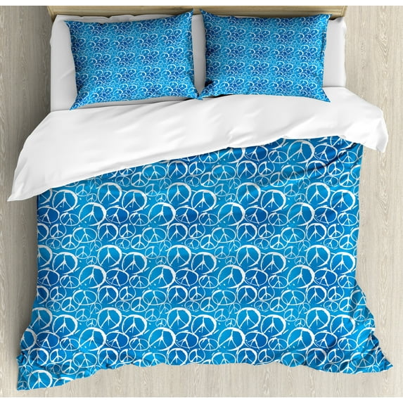 Ambesonne Peace Duvet Cover Sets, Peace 60's 70's Style, 2-Queen, Azure Blue Cobalt Blue