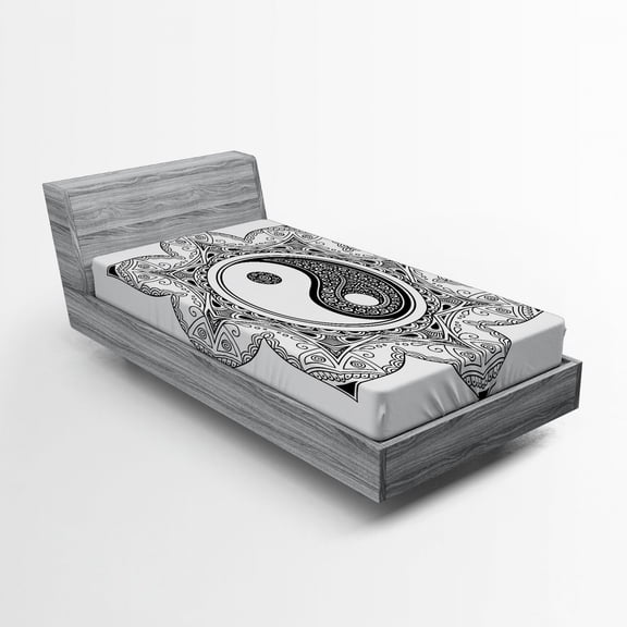 Ambesonne Peace Fitted Sheet, Mandala Floral Illustration, Twin Size, White Black