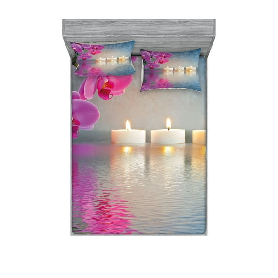 Ambesonne Peace Fitted Sheet & Pillow Sham Set, Japanese Candle Sakura, King, Lavender Pink Blue