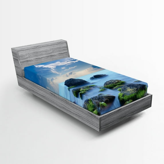 Ambesonne Peace Fitted Sheet, Seaside Stones, Twin Size, Blue Pale Blue Green