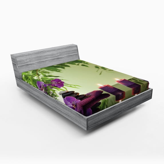 Ambesonne Peace Fitted Sheet, Spa Candles Orchids Bloom, Full Size, Pale Green Fern Green