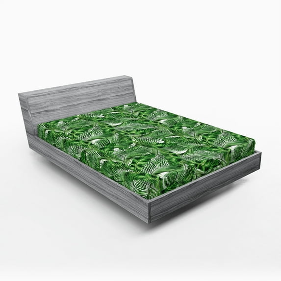Ambesonne Peace Fitted Sheet, Tropic Plants Pattern, Full Size, Hunter Green