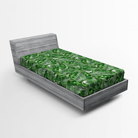 Ambesonne Peace Fitted Sheet, Tropic Plants Pattern, Twin Size, Hunter Green