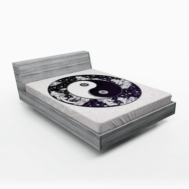 Ambesonne Peace Fitted Sheet, Ying Yang Boho Art, Full Size, Black White Beige
