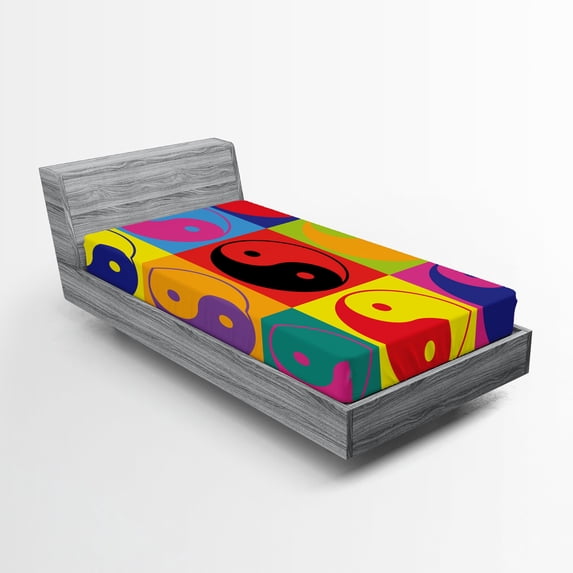 Ambesonne Peace Fitted Sheet, Ying Yang Hippie, Twin XL Size, Multicolor